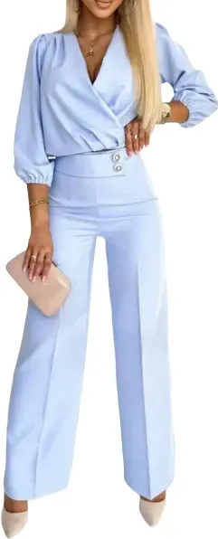 Women's Solid Color And V neck Two button 2 piece Trousers Suit Blue - Shop at LoveMi