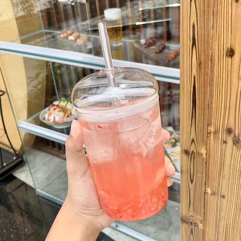 JuiceIce Drink Cup, Milk Tea Cup, High Borosilicate Glass Cup, Household Coffee Cup, Stylish Drinking Cup With Lid And Straw