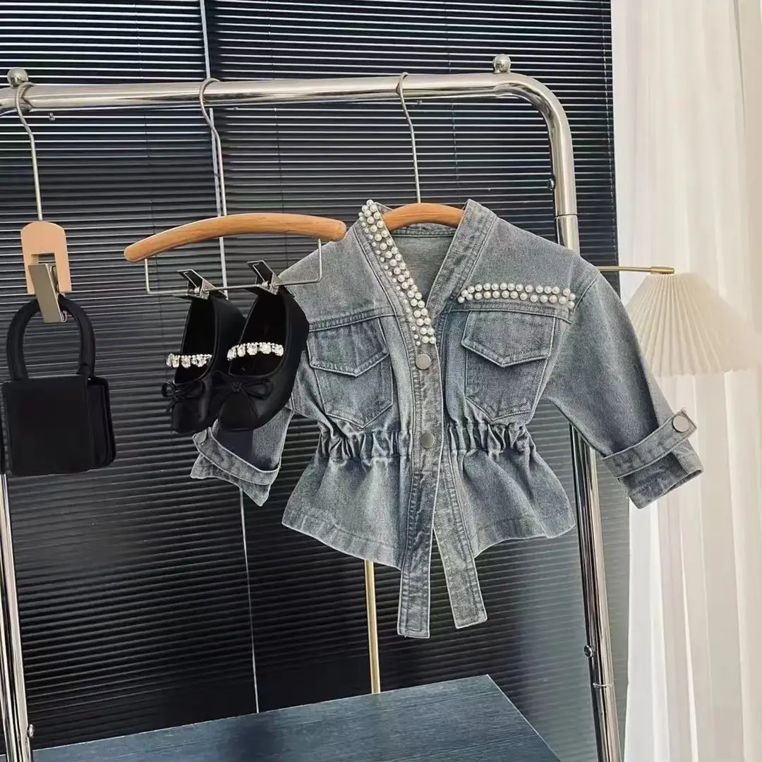 Girls' Denim Jacket with Pearl Embellishments and Gathered Waist