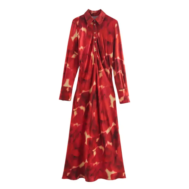 Waist controlled Silk Satin Texture Printing Dress Scarlet L - Shop at LoveMi