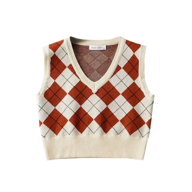 Diamond Lattice Contrast Color Knitted Vest Apricot - Shop at LoveMi