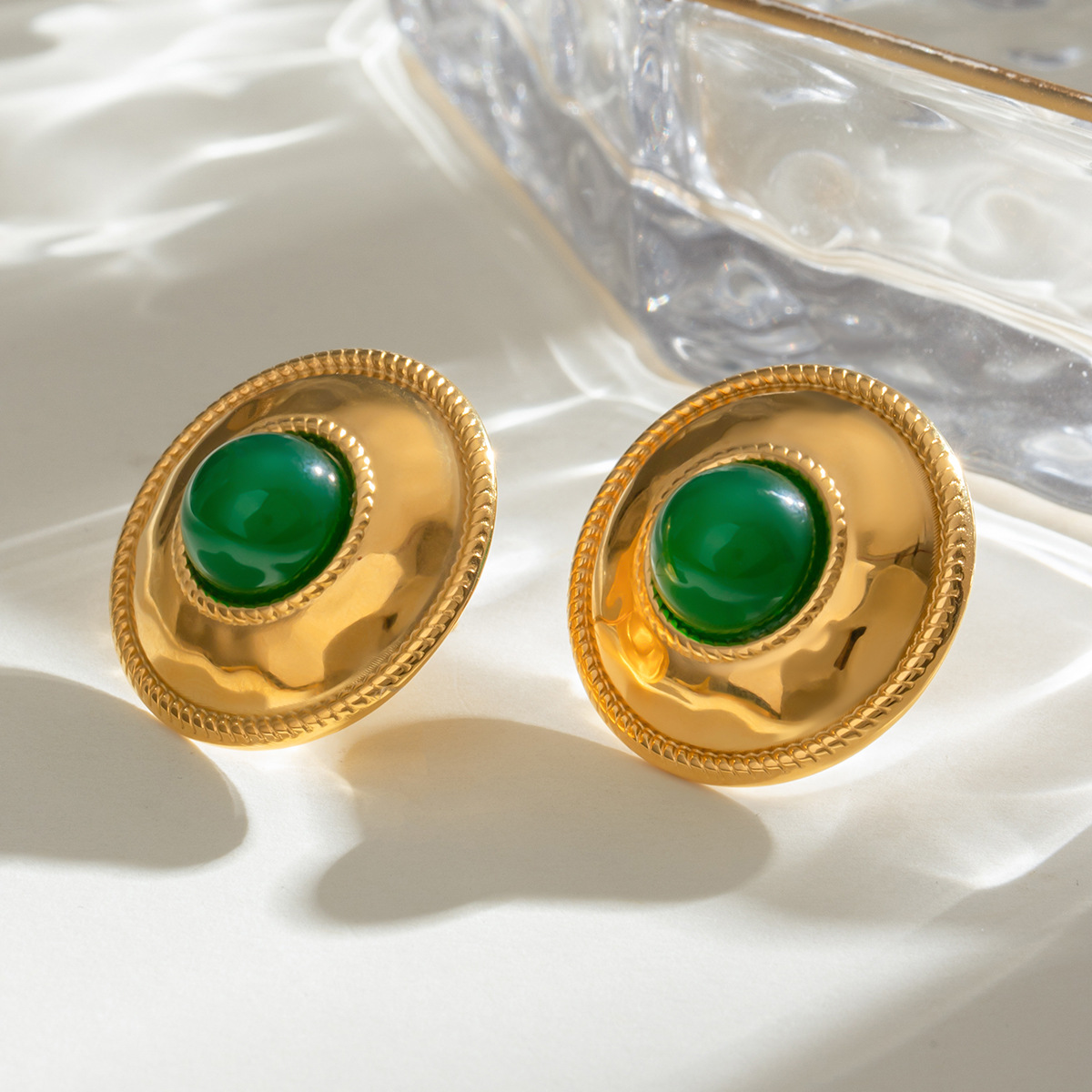 Stainless Steel Green Agate Original Glossy Earrings