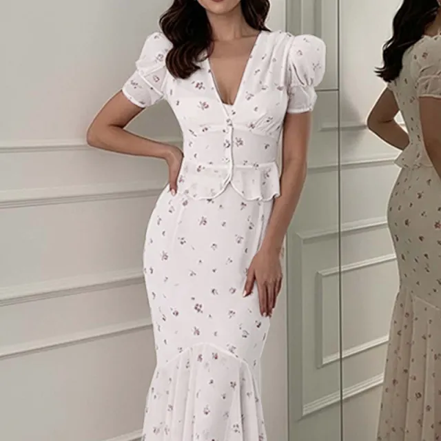 Women's Fashionable Casual Printed Short Sleeve Long Dress Set White - Shop at LoveMi