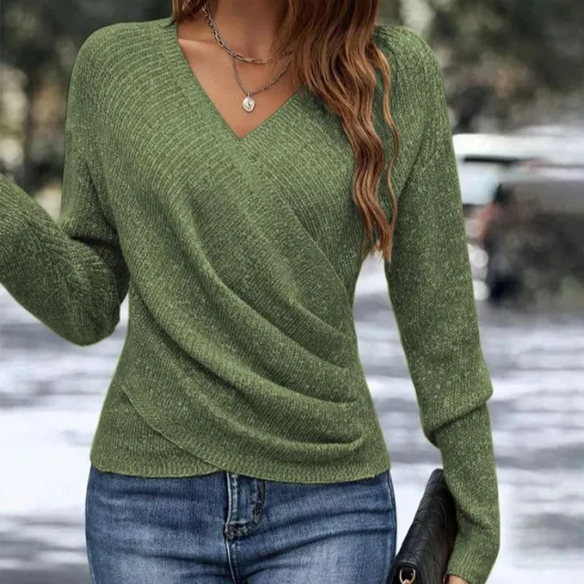 V neck Long Sleeve Cross Solid Color Knitted Sweater Army Green - Shop at LoveMi