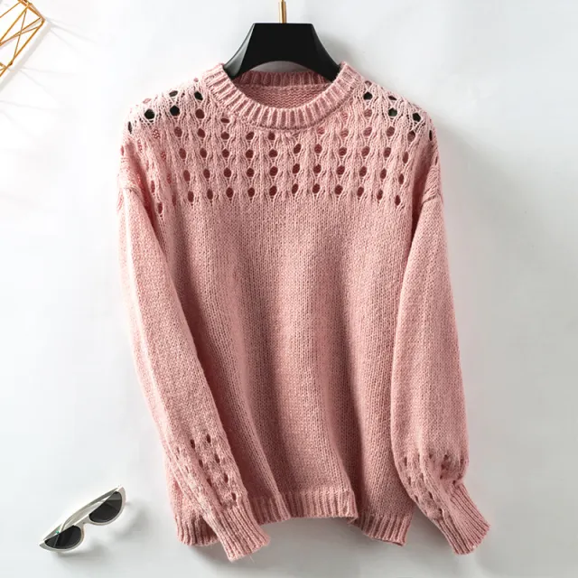 Women's Hollow Pullover Solid Color Round Neck Sweater Pink - Shop at LoveMi