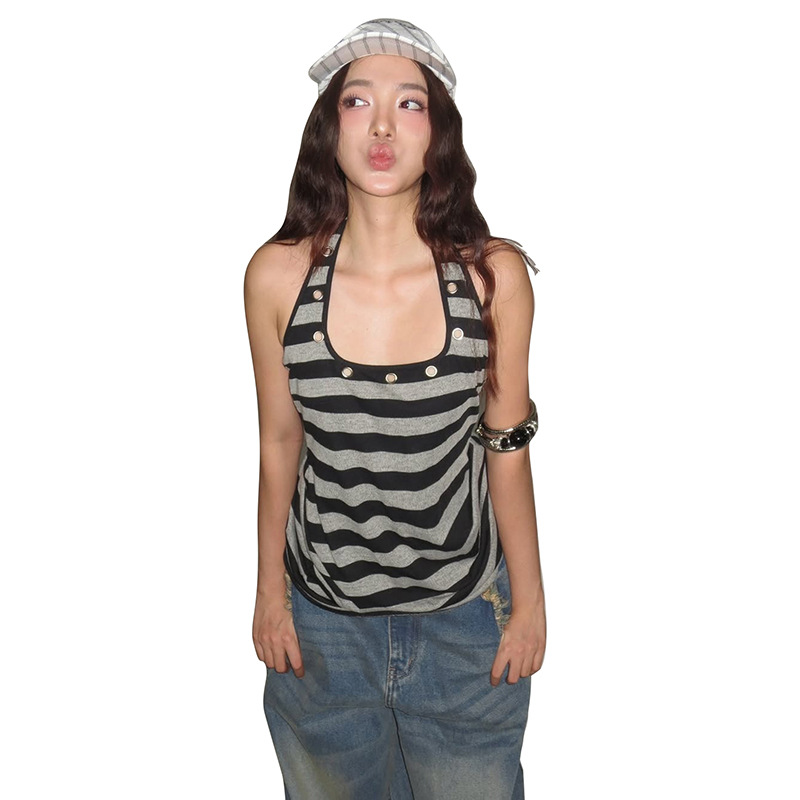 Hot Girl Comfortable Design Sense Striped Spaghetti Straps Female U Collar Sexy