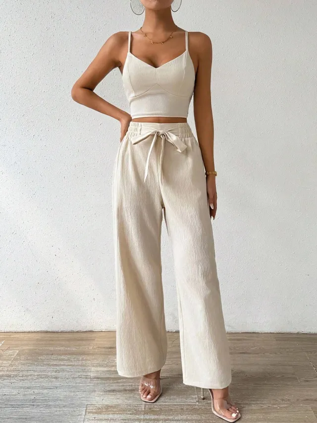 Women's Gathering Bra Cup With Top Stretchy Straight leg Pants Holiday Casual Suit Apricot - Shop at LoveMi
