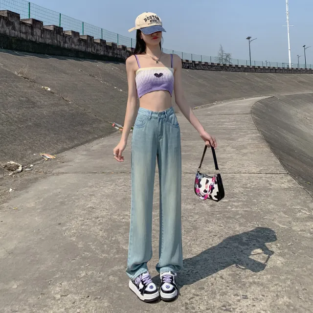 Wide leg Jeans Women's High Waist Slimming Draping Thin Loose Ice Silk Straight Retro Trousers Xl - Shop at LoveMi