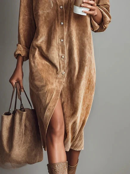 Corduroy Long Sleeve Lapel Shirt Loose Long Dress Koalakits36