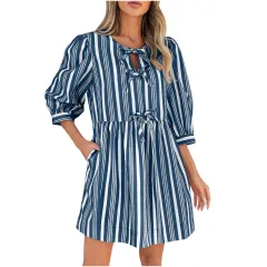 Comfort Lace-up Bow Three-quarter Sleeve Striped Dress - Blue - View 1