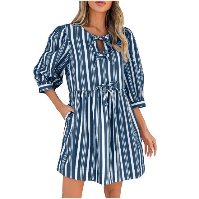 Comfort Lace up Bow Three quarter Sleeve Striped Dress Blue - Shop at LoveMi