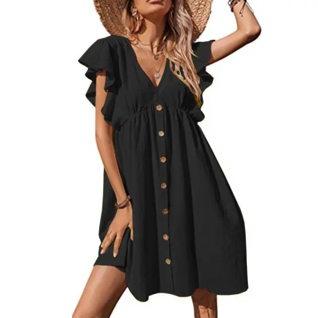 Women's Midi Casual Pleated V neck Button Plus Size Dress Black - Shop at LoveMi