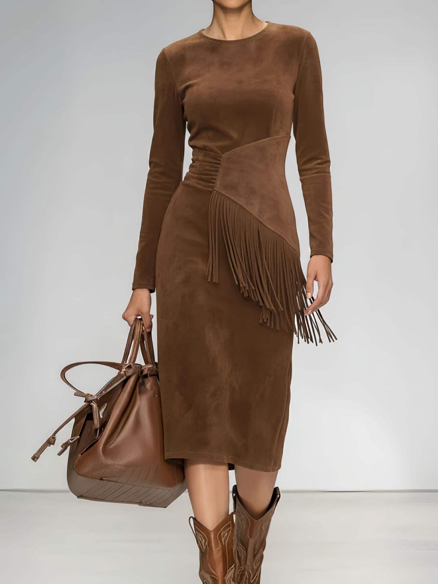 Women's Retro Western Crew Neck Long Sleeve Fringed Suede Velvet Dress Brown - Shop at LoveMi