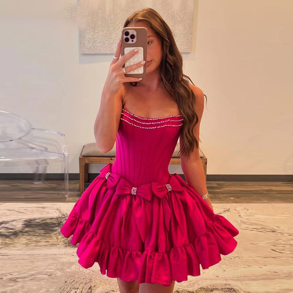 Puffy Skirt With A Diamond-studded Bow Short Style For Graduation Parties Women's