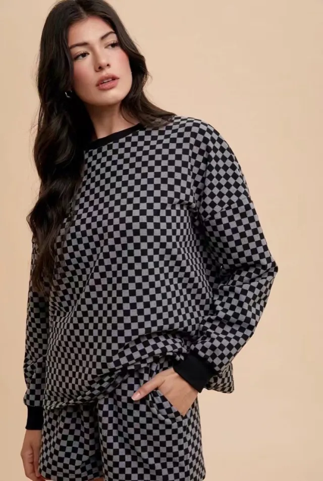 Simple Style Pattern Round Neck Top Drawstring Shorts Suit Black - Shop at LoveMi