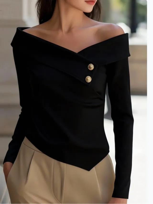 Autumn Elegant Women's Off Shoulder Long Sleeve Shirt Black - Shop at LoveMi