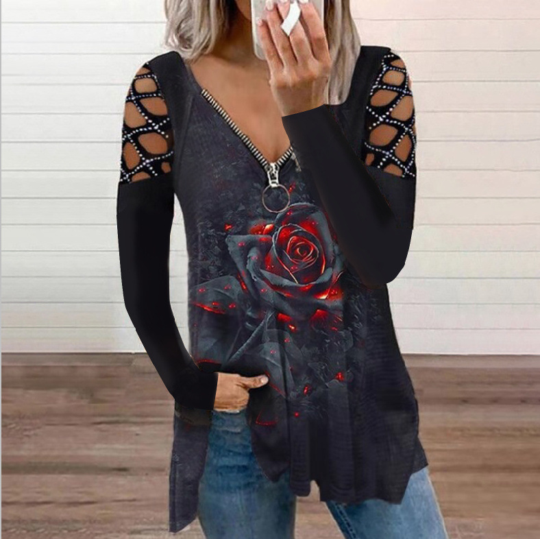 Women's V Neck Perm Drill Cutout Long Sleeve Loose T Shirt Top Gray Black - Shop at LoveMi