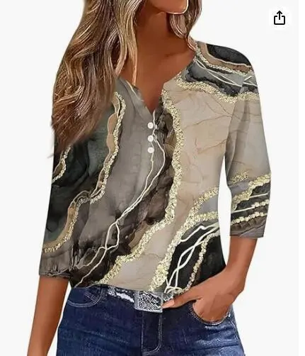 Women's T shirt V neck Half open Tube Three button Printed 34 Sleeves Top 47 Style - Shop at LoveMi