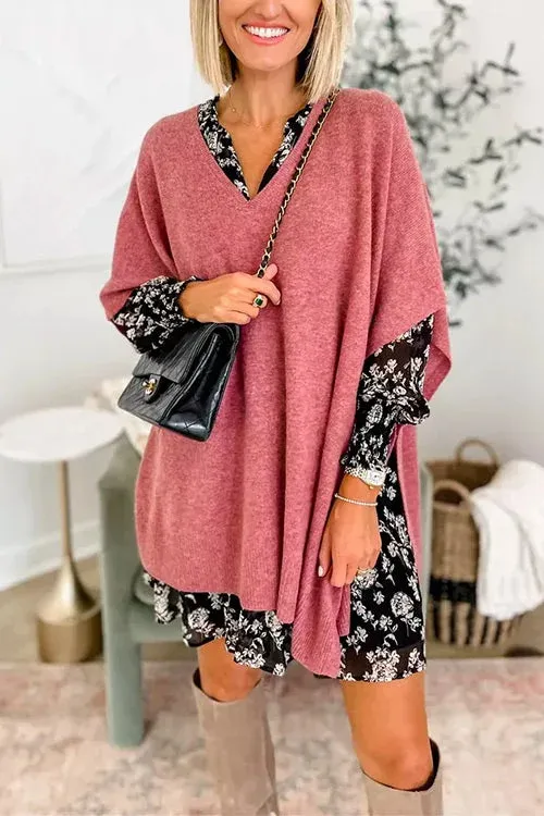 Cloak Cover V neck Loose Sweater Top Pink - Shop at LoveMi
