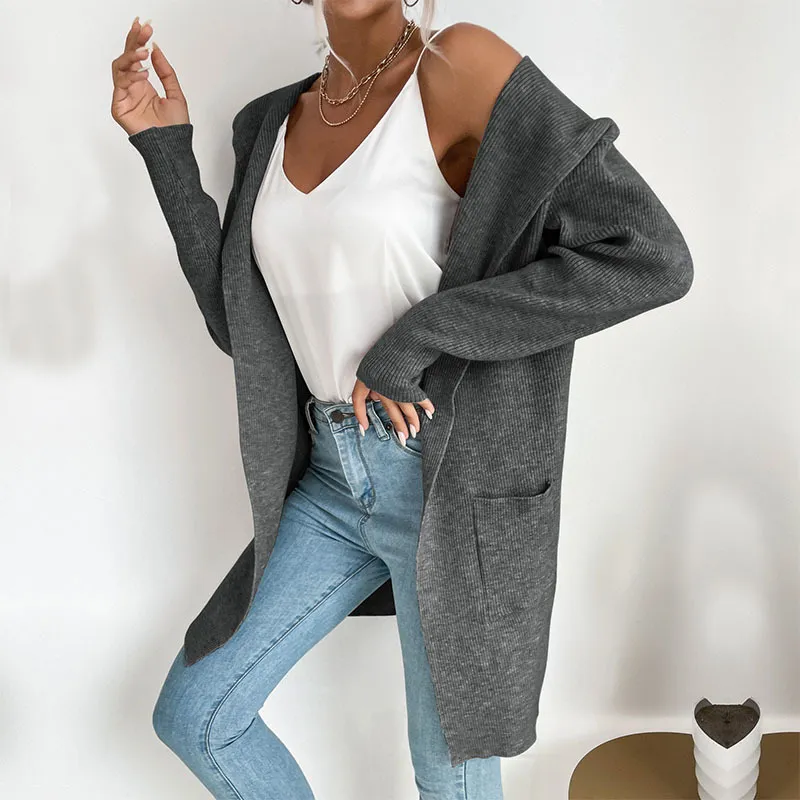 European And American Sunken Stripe Knitted Hoodie Casual Sweater Coat For Women - Dark Gray