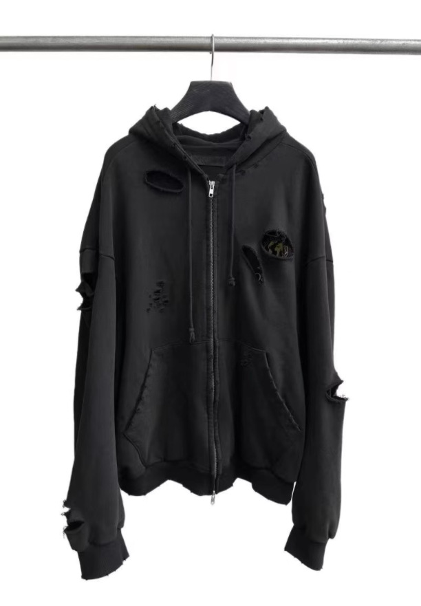 Washed Black Damaged Double Layer Zipper Sweater Coat