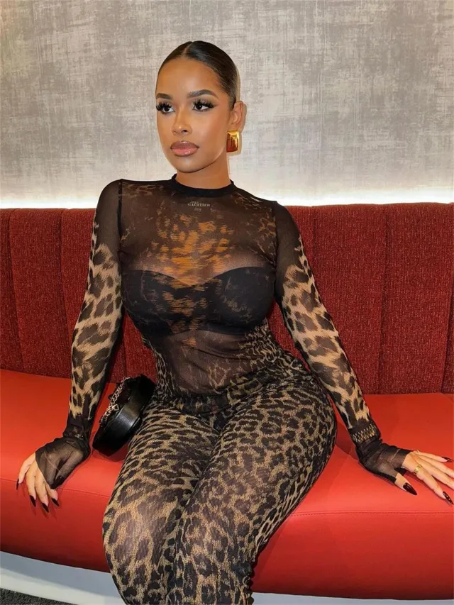 Retro Mesh See through Sexy Long Sleeve Top And Trousers Leopard Suit Black - Shop at LoveMi