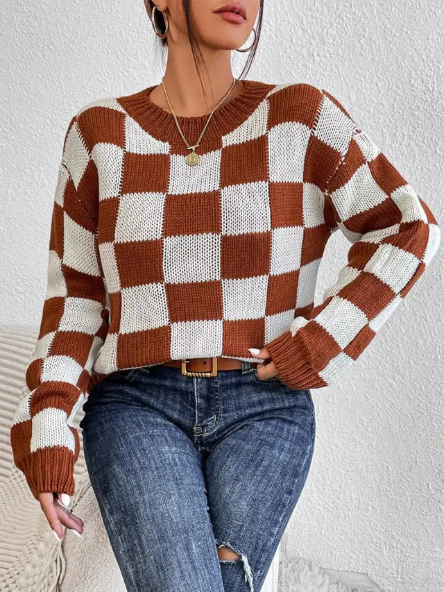 Color Matching Chessboard Plaid Loose Round Neck Pullover Long Sleeve Sweater Brown - Shop at LoveMi