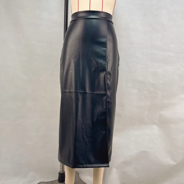 High waisted Figure flattering Solid color Leather Pencil Skirt Black - Shop at LoveMi