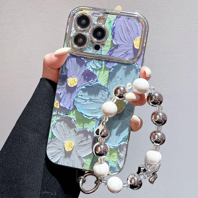 Large-screen-compatible Electroplated Flower Phone Case Protector With Oil Painting Design Drop-resistant