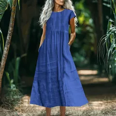Women's Solid-Colour Loose-Fitting All-Match Cotton-Linen Dress With Pockets - Sapphire Blue - View 1