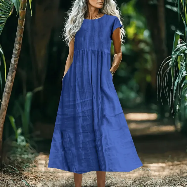 Women's Solid Color Loose Fitting All Match Cotton Linen Dress With Pockets Sapphire Blue - Shop at LoveMi