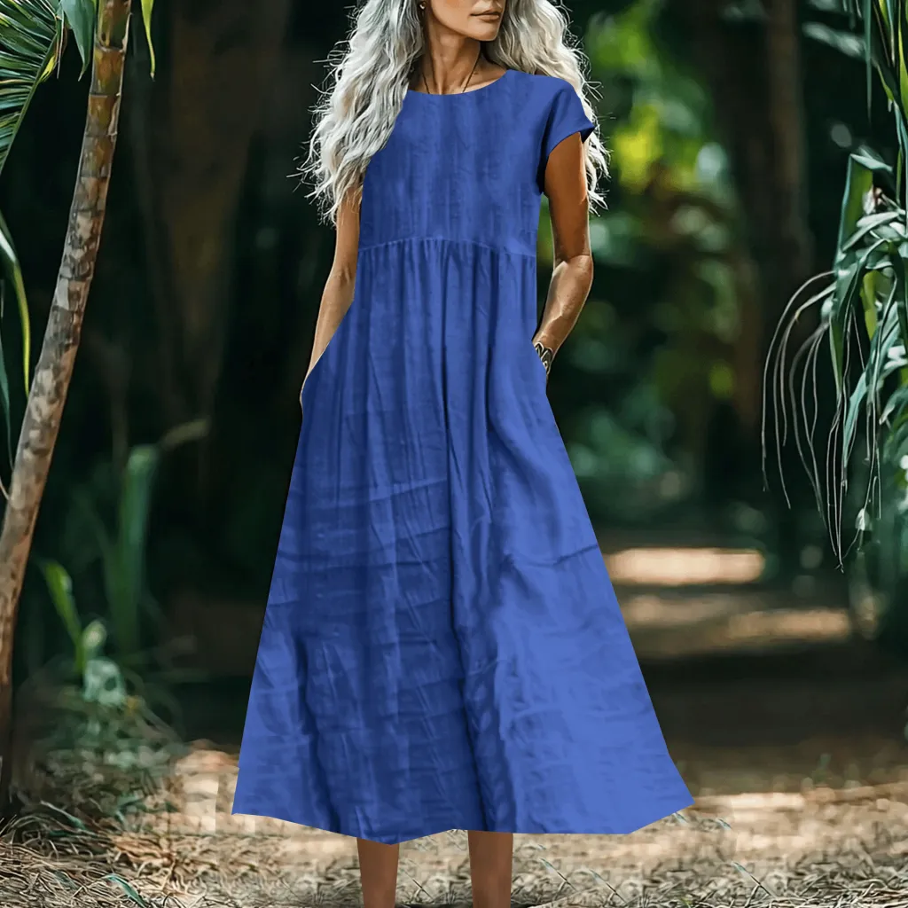Women's Solid-Color Loose-Fitting All-Match Cotton-Linen Dress With Pockets - Sapphire Blue