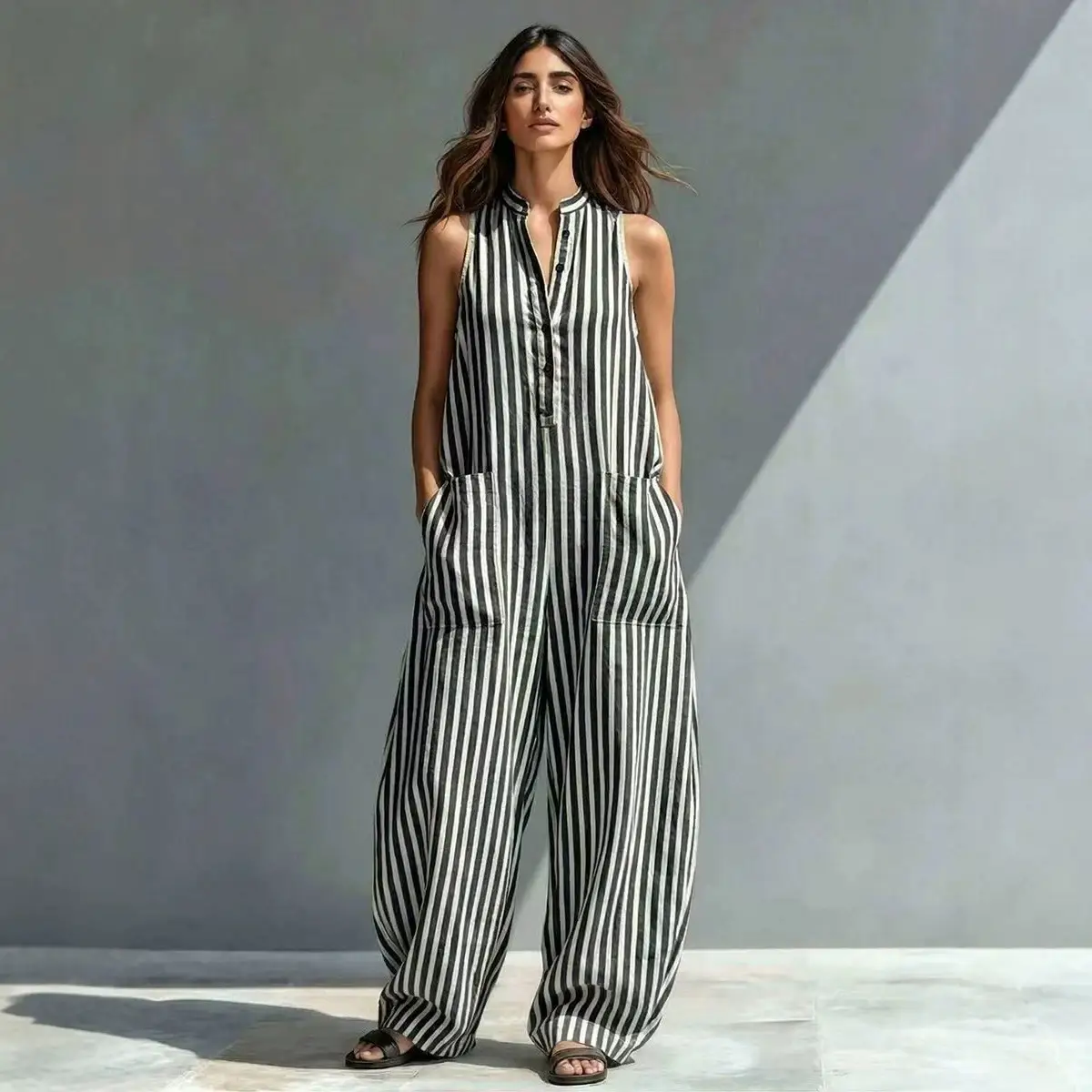 Fashionable Loose V-Neck Long Striped Jumpsuit
