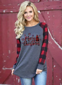 European And American Christmas Printed Long-sleeved Women's T-shirt - Dark Grey 1 - View 1