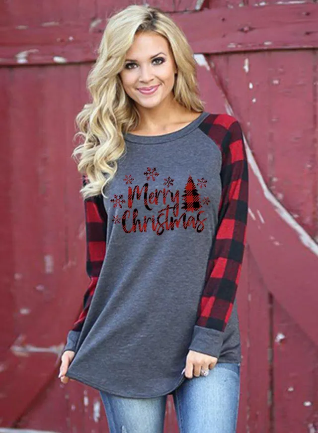 European And American Christmas Printed Long sleeved Women's T shirt Dark Gray 1 - Shop at LoveMi