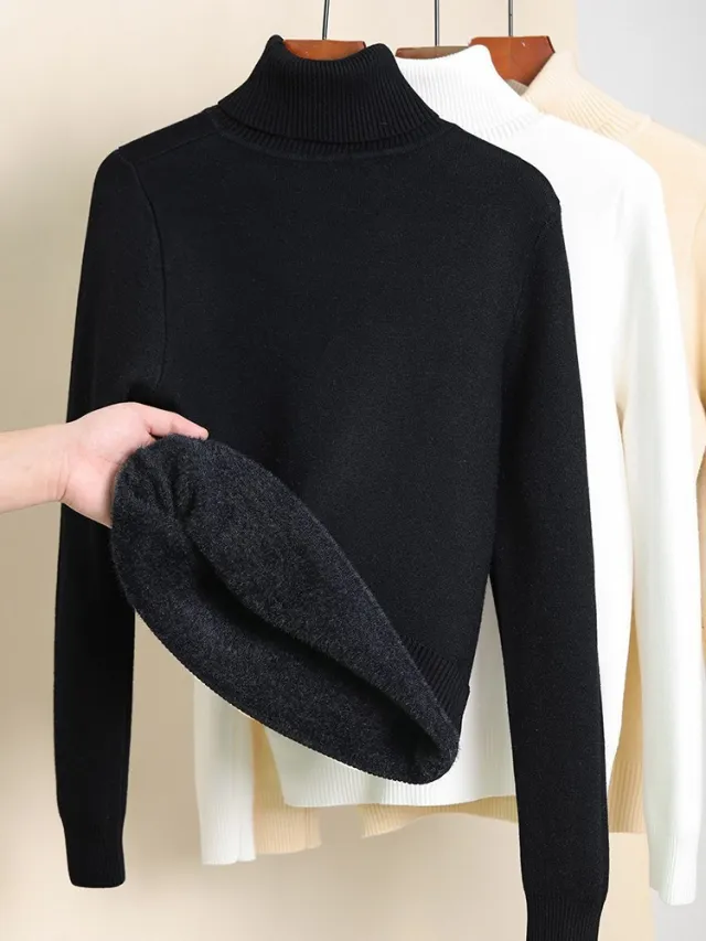 Fleece lined Thick Turtleneck Sweater Women Black High Collar - Shop at LoveMi