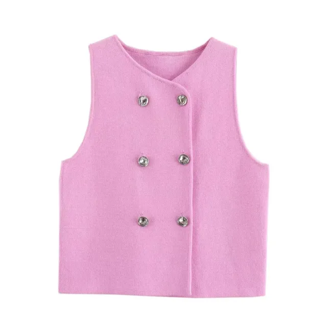 Vest Plain Weaving Knitting Sleeveless Pink - Shop at LoveMi