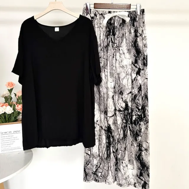 Summer Artificial Cotton Thin Short Sleeve Pants Loungewear Suit Black T 36 Ink Painting - Shop at LoveMi