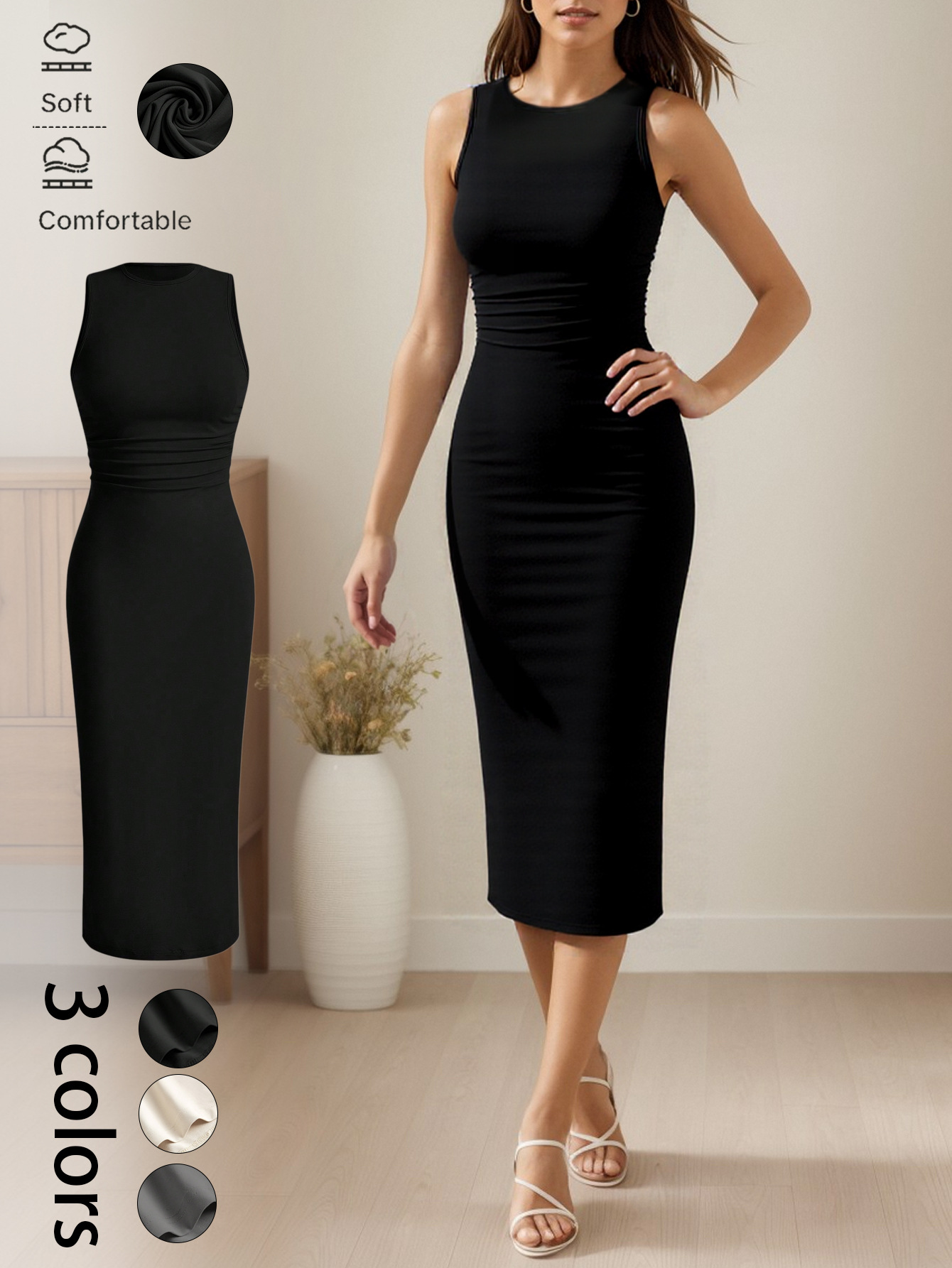 Womens Solid-color Waist-cinching Sleeveless Figure-flattering Elegant Sheath Dress