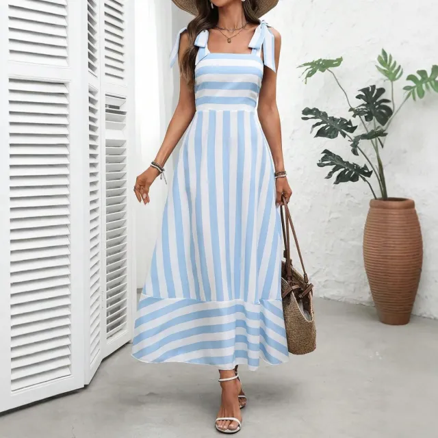 Striped Patchwork Sling Swing Air Dress Blue - Shop at LoveMi