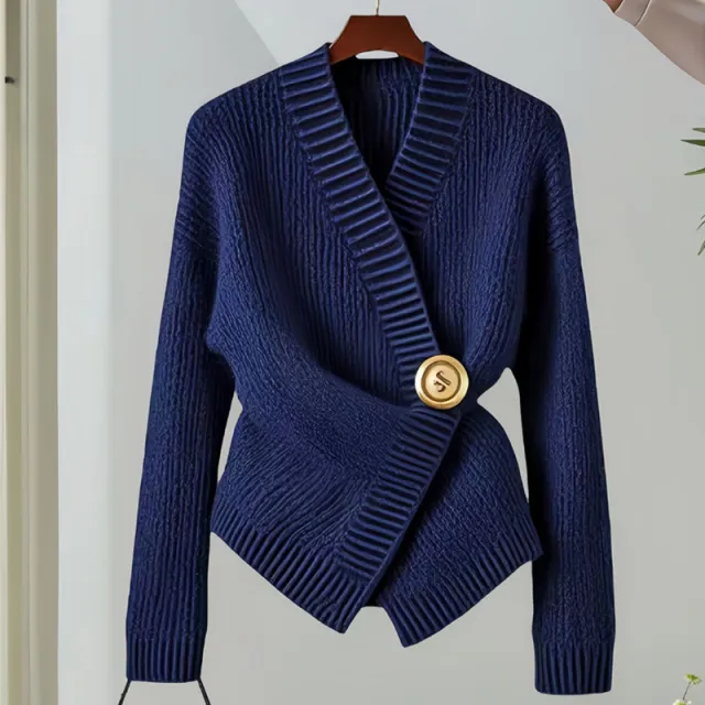 Dark Blue Irregular V neck Fitted Waist Sweater Knitwear Autumn And Winter Dark Blue - Shop at LoveMi