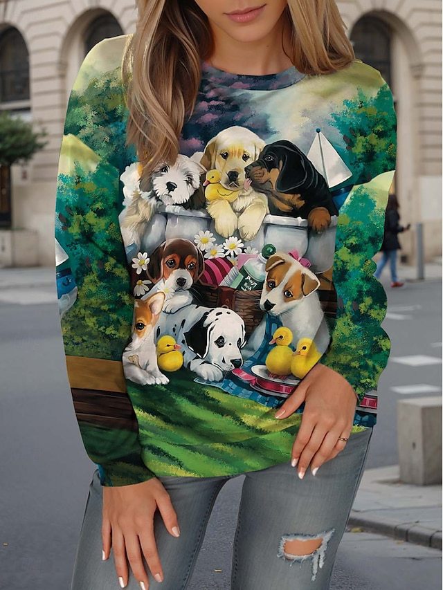 Womens Casual T Shirt With 3D Printed Crew Neck And Long Sleeves