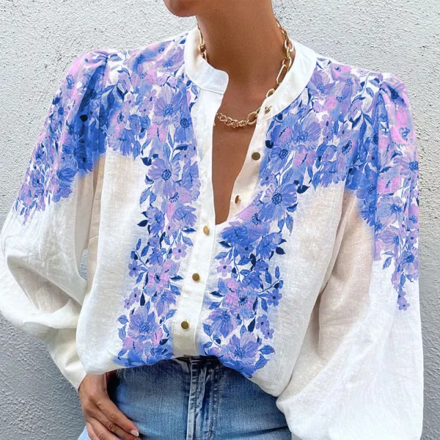 Women's Fashion Loose fitting Long Sleeves Printed Shirt Blue - Shop at LoveMi