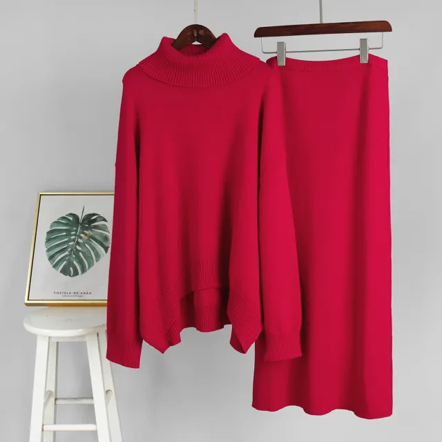 Casual Solid Color Turtleneck Sweater Skirt Suit Red - Shop at LoveMi