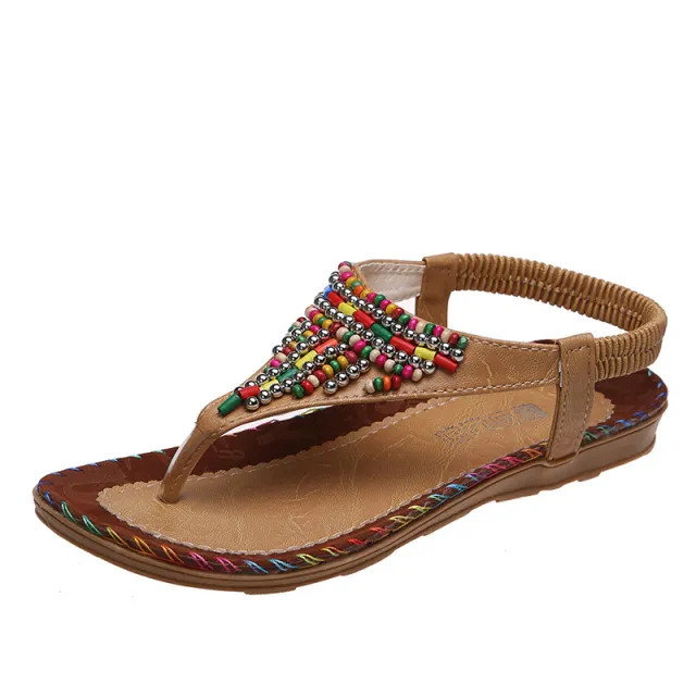 Beach Flip Toe Beaded Flat Sandals Brown - Shop at LoveMi