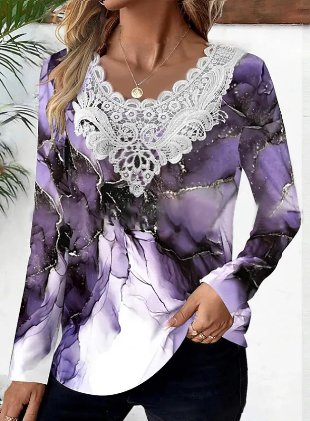 Women's Printed Long sleeved T shirt Patchwork Round Neck Top 5 Style - Shop at LoveMi