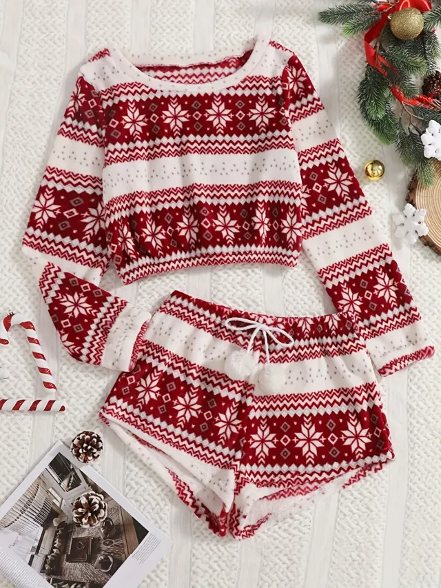 Coral Fleece Christmas Venonat Decoration Round Neck Shorts Long sleeve Suit Red - Shop at LoveMi