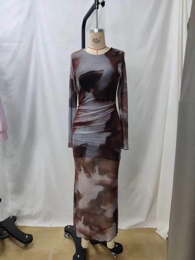 Printed Fashion Maxi Dress American Long Sleeve Women's Printing L - Shop at LoveMi