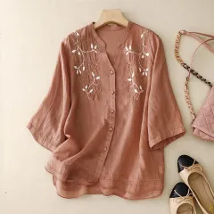 Artistic Retro Embroidery V-neck Shirt Baita Leisure Pure Color Comfort Hong Top - Orange - View 1
