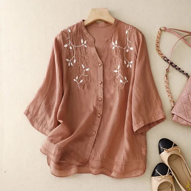 Artistic Retro Embroidery V neck Shirt Baita Leisure Pure Color Comfort Hong Top Orange - Shop at LoveMi
